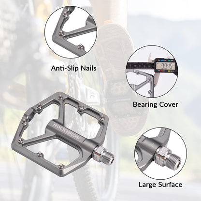 ROCKBROS Bike Pedals, CNC-machined 9/16-inch Flat Pedals made of aluminum, Flat pedals with non-slip platform & Cr-Mo steel axle for MTB, road bike, gravel & trekking bike.