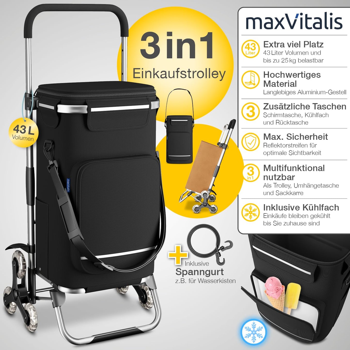 ELONEO Shopping trolley with cooler compartment, foldable shopping cart, adjustable height, reflectors, removable 43 L bag, stair climber trolley in black.