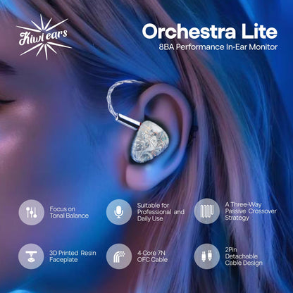 LINSOUL Kiwi Ears Orchestra Lite Performance Custom 8BA In-Ear Monitor IEM with Detachable 4-Wire 7N Oxygen-Free Copper OFC Cable, Handcrafted Faceplate (Clear)