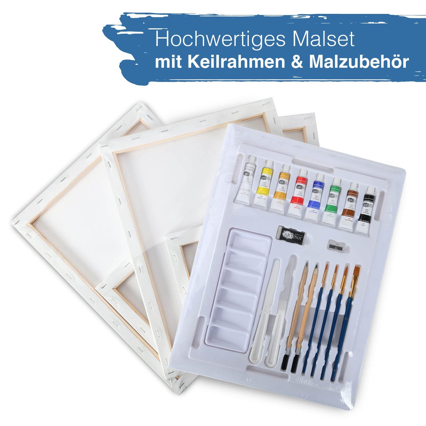 Artina 25-piece Premium Painting Set with Table Easel Lisbon - Painting Supplies Artist Set 8x 12ml Acrylic Colors Set, 5x Canvas Set, Brushes - Painting Set for Adults Kids - FSC® Easel Set