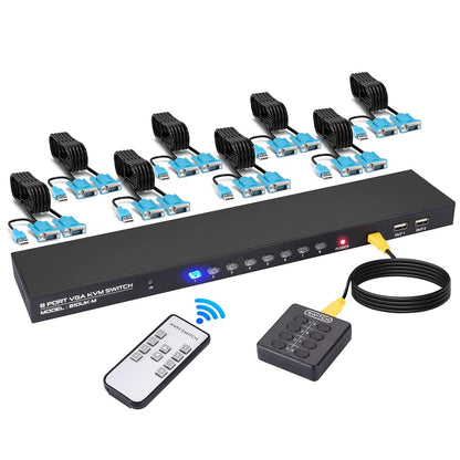 VGA KVM Switch 8 Port with 8 KVM cables, USB switch for 8PC sharing keyboard, mouse, printer, scanner, and VGA monitor.
