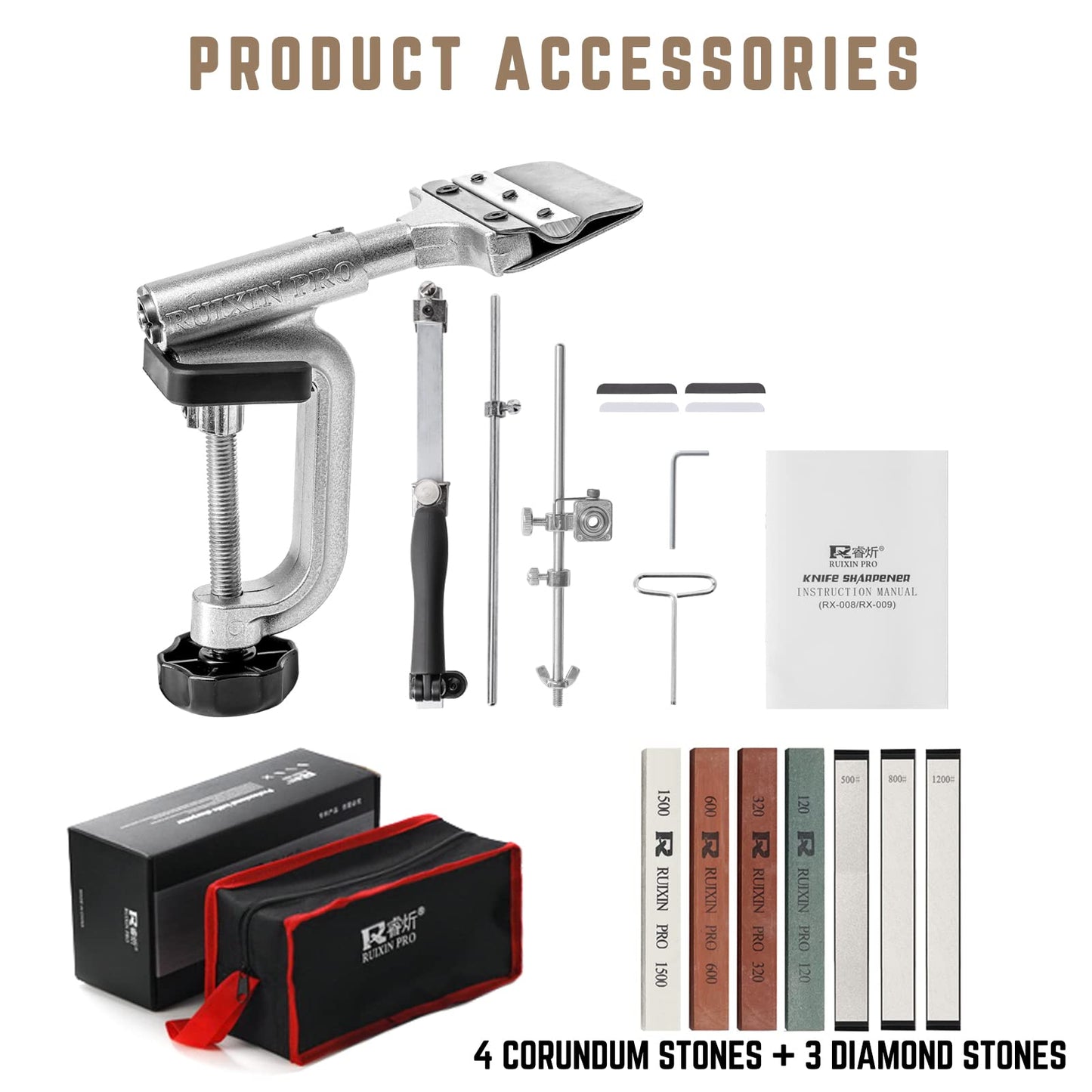 RUIXIN PRO RX-008 Professional Knife Sharpener with 7 sharpening stones, 360° rotatable, flip design, fixed angle, stainless steel, kitchen, chef's knife, sharpening tools, holding system