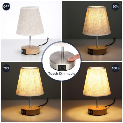 Lightess 2-pack bedside lamp touch dimmable table lamps USB LED desk lamps modern vintage with wood base retro fabric shade with E14 bulb warm white for living room bedroom table, beige