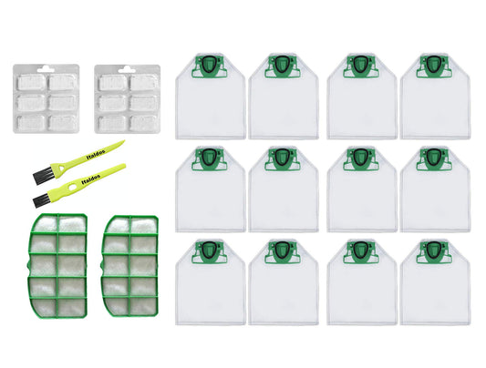 Italdos Kit Vacuum Bags and Motor Protection Filter compatible with Vorwerk Kobold VK200 VK220 - 12 Bags + 2 Motor Filters + 12 Perfumes + 2 Brushes