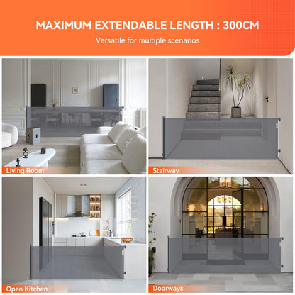 Muaket 0-300CM Stair Gate/Door Gate Retractable, Stair Gates for Babies and Pets Child Safety Gate, One-Handed Opening, Child Gate baby gate door for Stairs, Doors, Gray