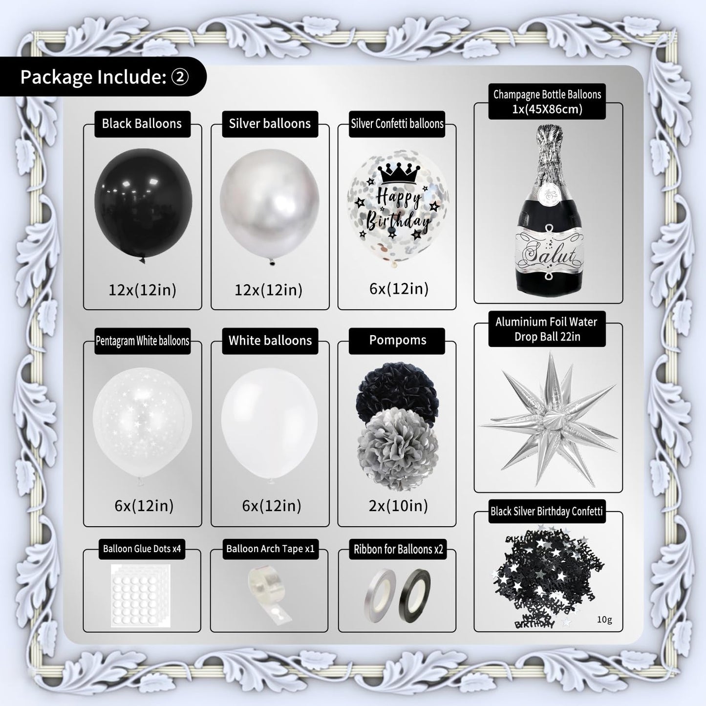 Black Silver Birthday Decorations, Silver Black White Party Decor Set with Happy Birthday Banner, Confetti Balloons, Sash, Tablecloth, Curtain, Pom Poms for Men Women Boys Girls Birthday Party Decor.