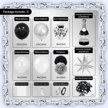Black Silver Birthday Decorations, Silver Black White Party Decor Set with Happy Birthday Banner, Confetti Balloons, Sash, Tablecloth, Curtain, Pom Poms for Men Women Boys Girls Birthday Party Decor.