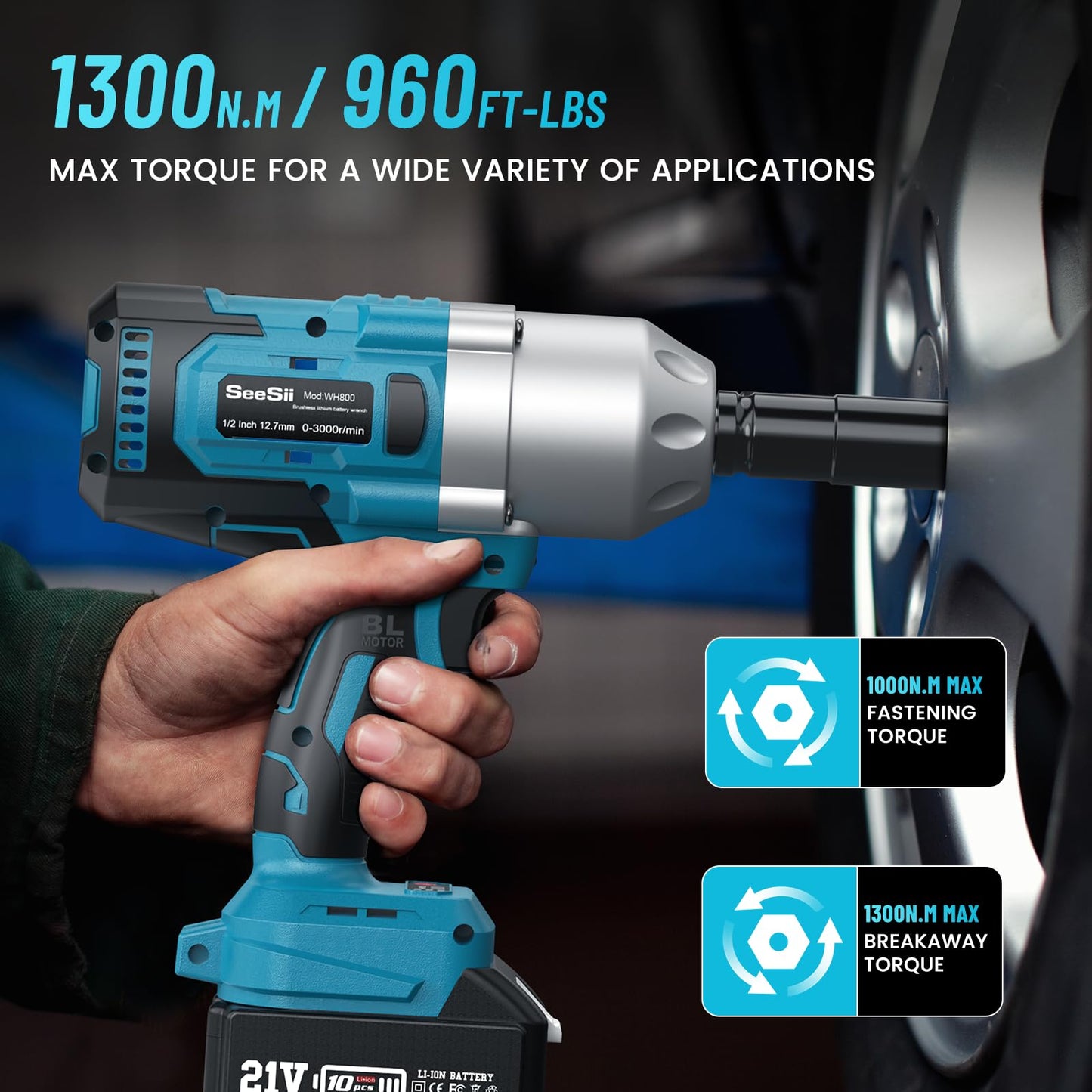 Seesii 1300Nm Cordless Impact Wrench, 8000mAh 1/2" Powerful Electric Impact Wrench for Car Tire Change & Loosening Lug Nuts, 3-Speed Gearbox, Brushless Motor, Comes with 2 Batteries & Charger.