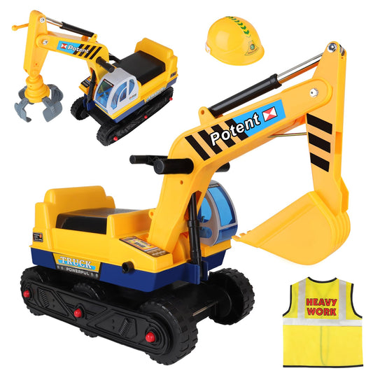 deAO 2-in-1 sit-on digger for toddlers- pedal-free kids vehicle with two different shovels