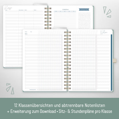 Häfft® Teacher Planner 2025/2026 A5 + Deluxe "Green Canvas" Hardcover Teacher's Planner, academic year planner with spiral binding, school planner - sustainable & eco-friendly.