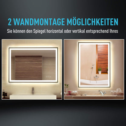 Kleankin bathroom mirror LED mirror with 3 light colors Fog-free wall mirror with anti-fog function, touch switch Aluminum 70 x 50 x 3 cm