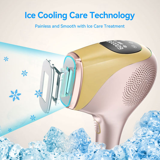 IPL hair removal device with ice-cooling function, 600,000 light pulses for permanent visible hair removal on body, face, bikini zone.