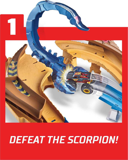 Hot Wheels GTL33 - Monster Trucks Scorpion Accelerator Track Set with monster truck and Hot Wheels vehicle, featuring a giant scorpion as the archenemy, for ages 4 and up.