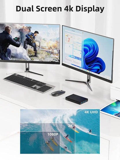 MeLE Quieter2Q fanless Mini PC Windows 11 Pro Celeron J4125 4GB 64GB Quad Core Mini Desktop Computer 4K Dual WiFi for office, business, companies, school, home office work.
