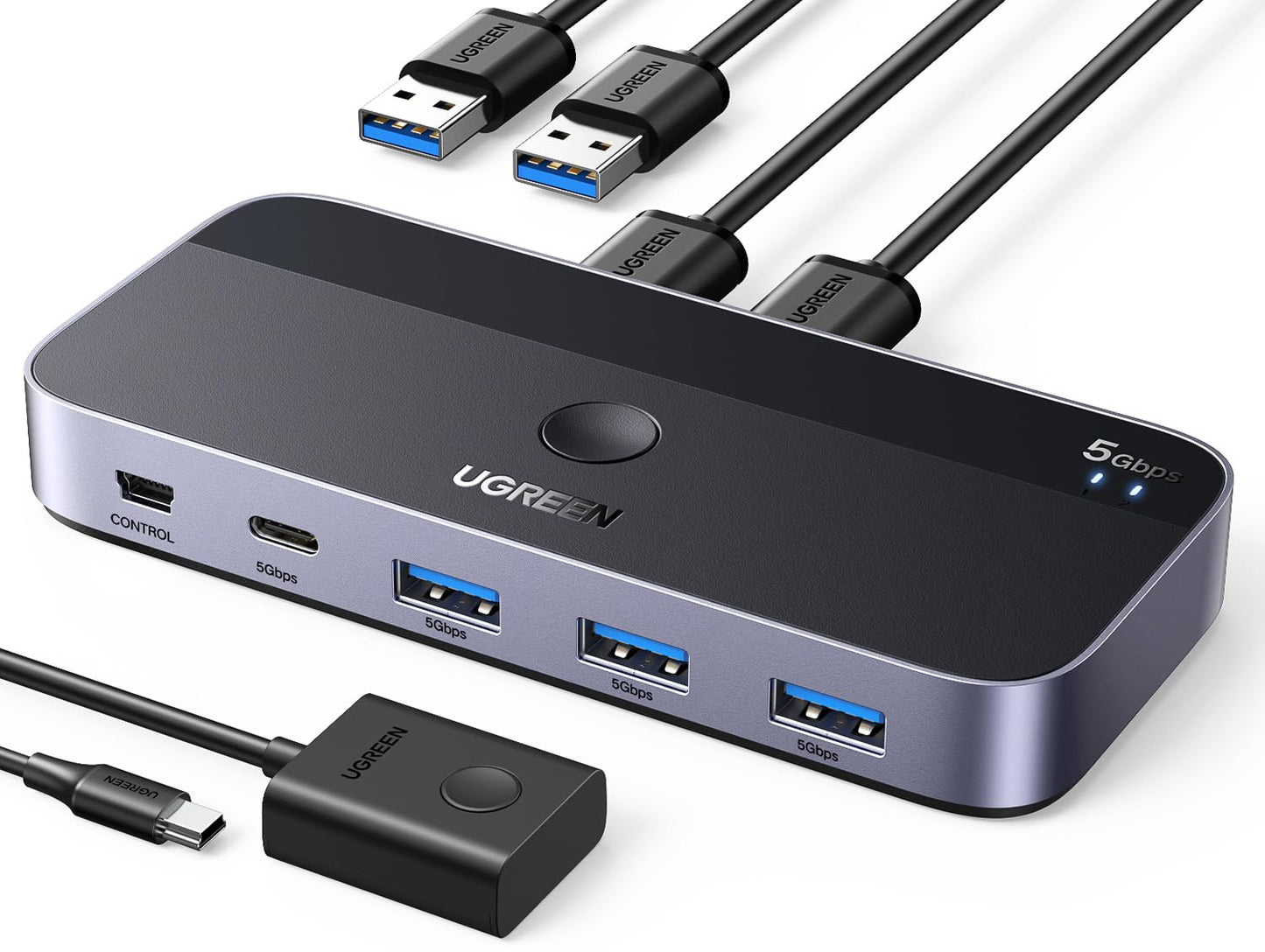 UGREEN USB switch 2PC with 1C3A 3.0 ports, 2 in 4 out USB switch KVM switch aluminum case with desktop controller, 2*A to A cables for keyboard, mouse, printer, scanner, etc.