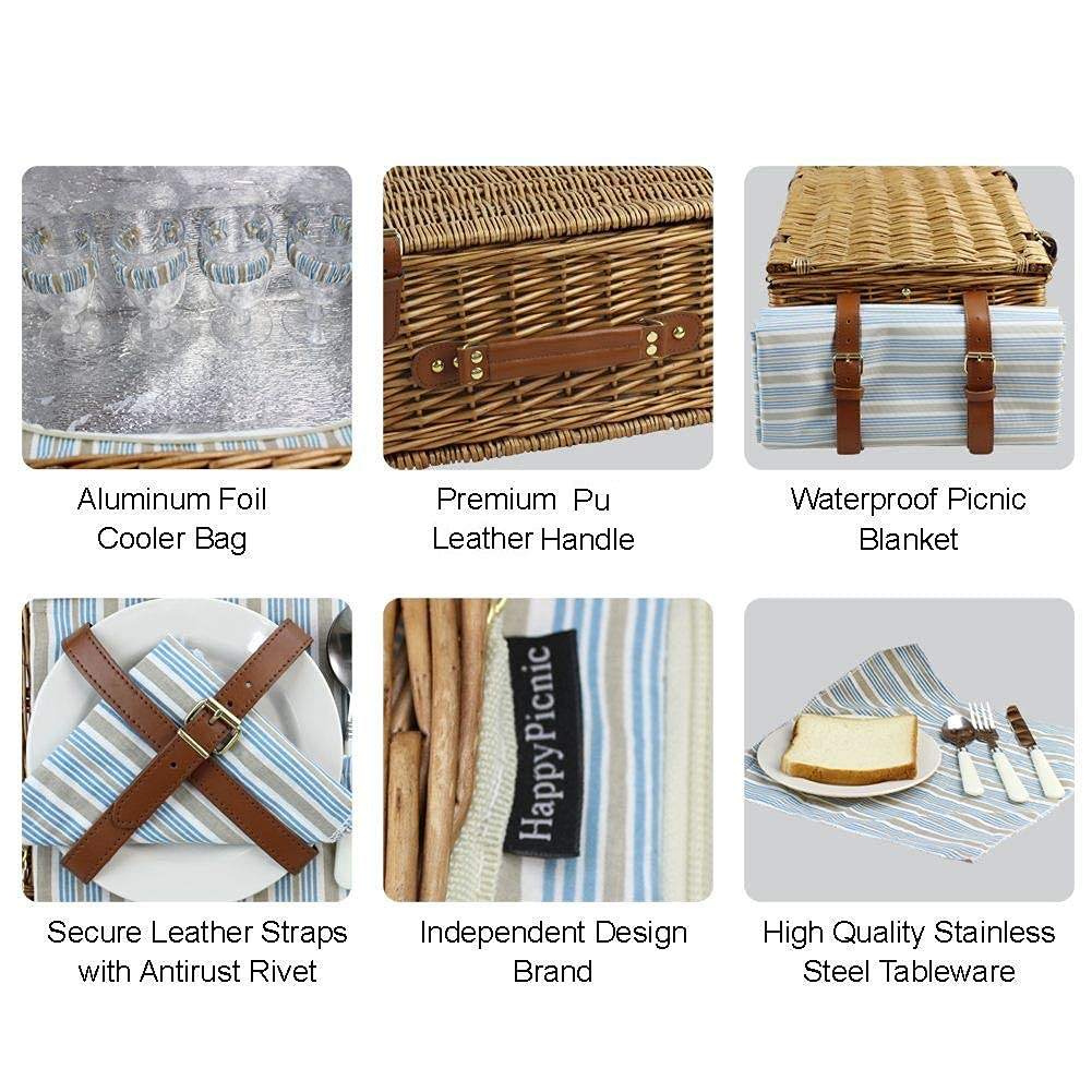 HappyPicnic Wicker Picnic Basket Cutlery Set Picnic Basket Insulated Cooler Bag Picnic Set Basket made of wicker, for camping, outdoor, Christmas