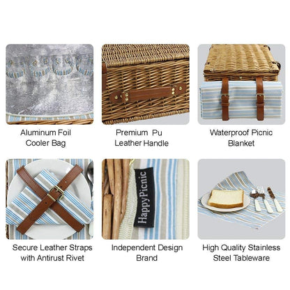 HappyPicnic Wicker Picnic Basket Cutlery Set Picnic Basket Insulated Cooler Bag Picnic Set Basket made of wicker, for camping, outdoor, Christmas