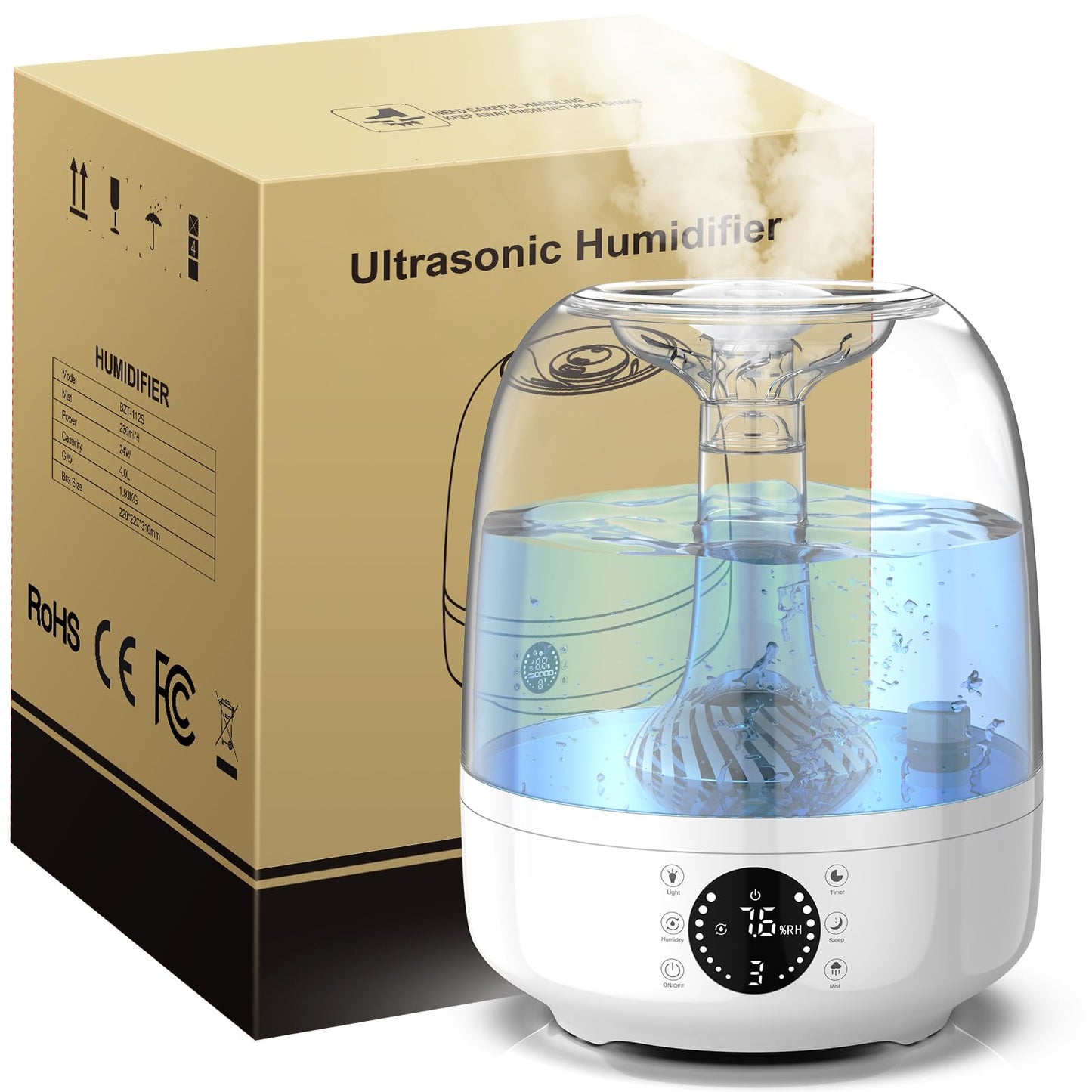 4L top fill humidifier bedroom, 28dB 35H room humidifier with 360° rotatable nozzle, remote control, timer, RGB color night light humidifier for nursery, office, baby.