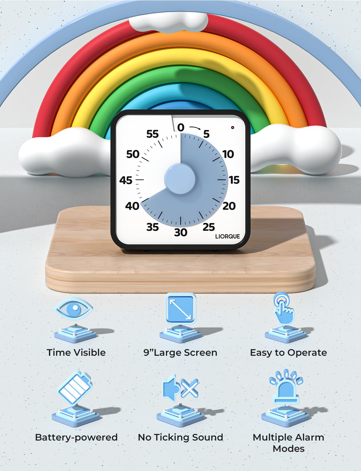 LIORQUE 19cm Visual Timer 60 Minute Countdown Timer with Large Screen for Kids and Adults Quiet Short-Term Timer for Kitchen School Office Battery Included