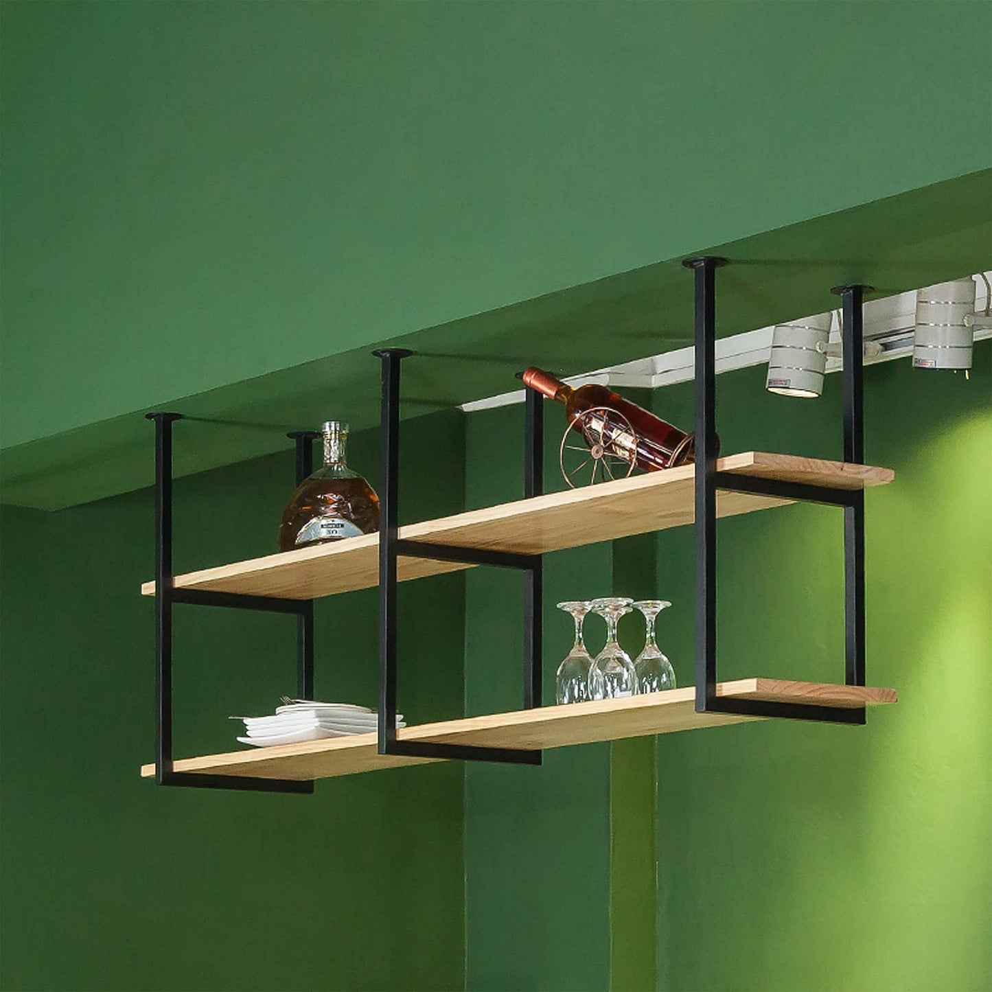 DSVONAUS Retro Industrial LOFT Restaurant Iron Solid Wood Ceiling Shelf, 2 Tier Shelves Rack/Bar Hanging Decoration Storage Shelf (80×30×60cm)