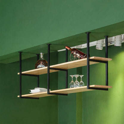 DSVONAUS Retro Industrial LOFT Restaurant Iron Solid Wood Ceiling Shelf, 2 Tier Shelves Rack/Bar Hanging Decoration Storage Shelf (80×30×60cm)