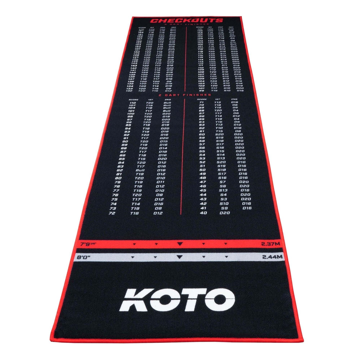 KOTO - Carpet Checkout Red, 285x80cm dart mat, protects floors & darts, with score indication + oche.