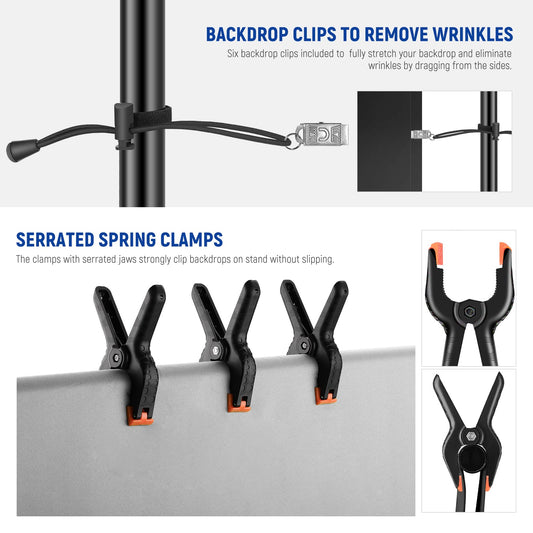 NEEWER 8.5x10ft Adjustable Background Stand Set, Photography Background Support System with 4 Crossbars, 6 Spring Clamps, 6 Background Clips, 2 Sandbags, and Carrying Bag.