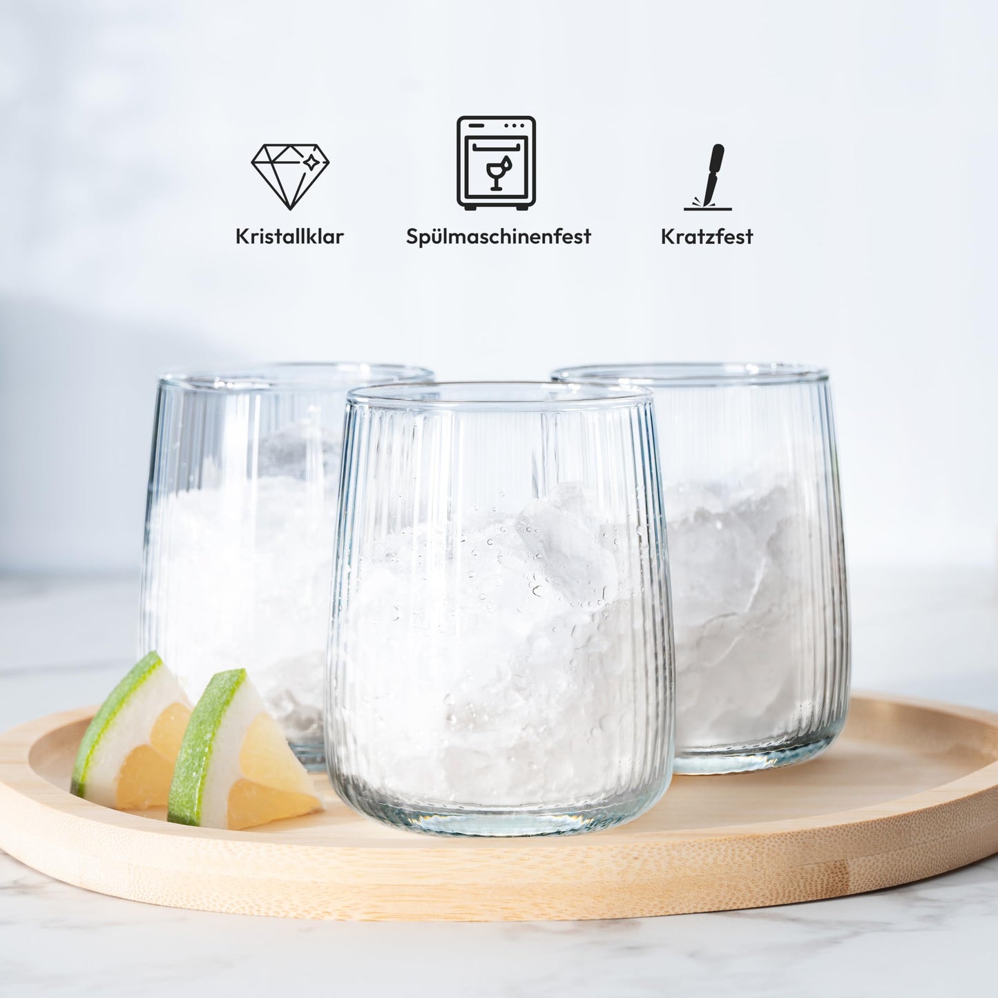 Concept Ribbed Glasses Set of 6, 320ml drinking glasses, dishwasher safe water glasses