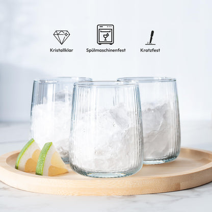 Concept Ribbed Glasses Set of 6, 320ml drinking glasses, dishwasher safe water glasses
