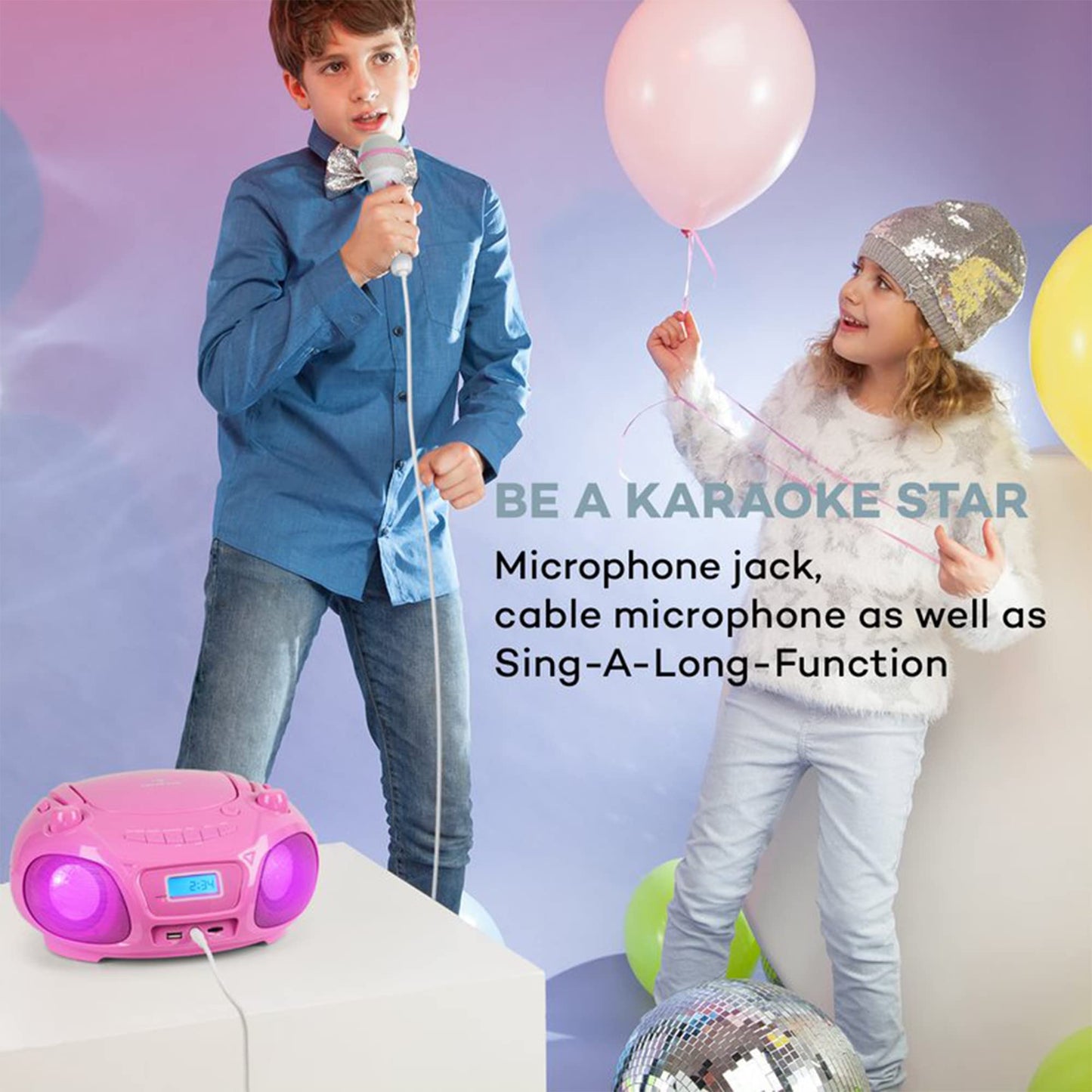 Auna Portable Radio for Kids with CD Player, Microphone, and USB, 3W Boombox with Bluetooth Function, AUX/FM Radio, Portable with LED Display, MP3, 5.0 Streaming, CD-Radio for Girls and Boys.