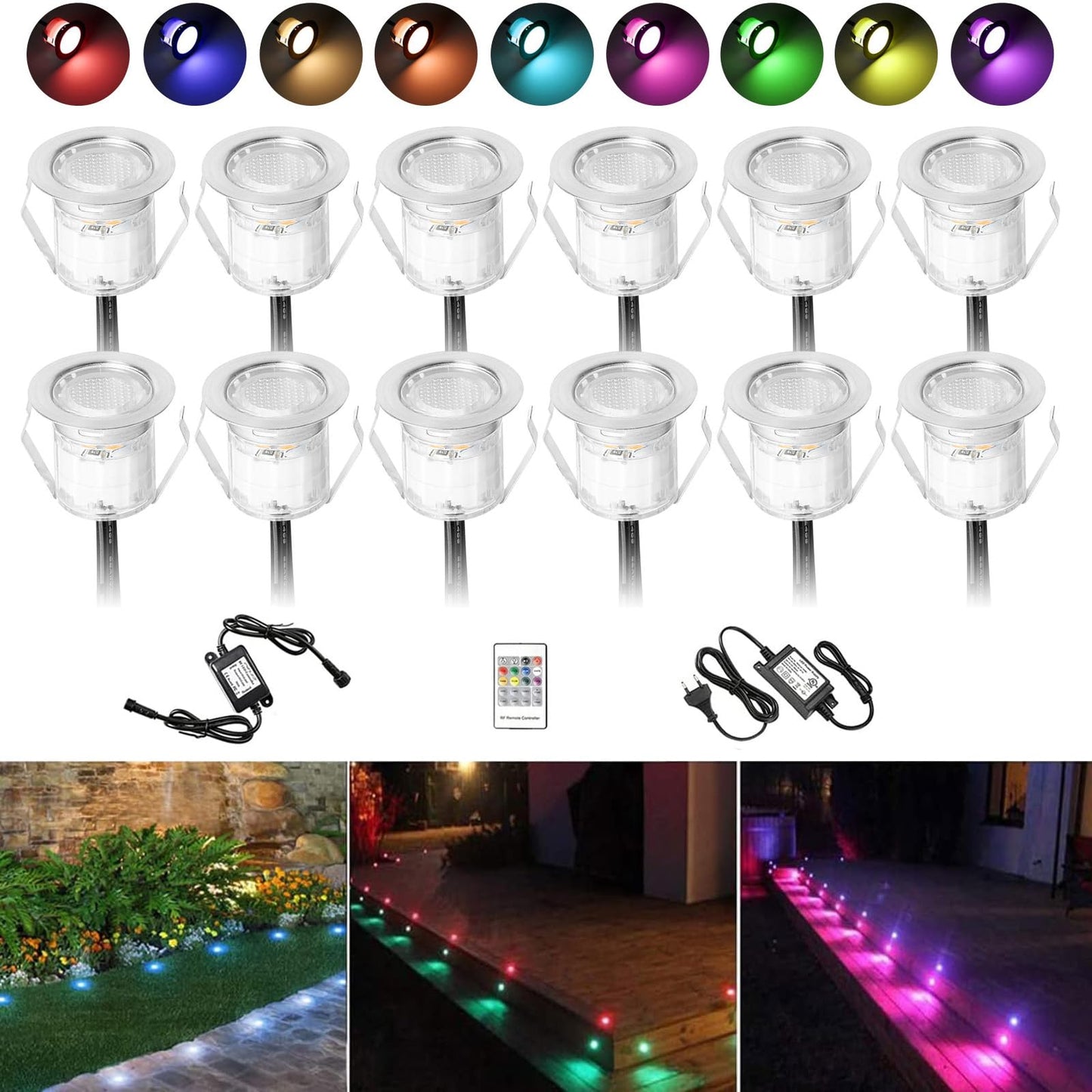 10 pieces of RGB LED recessed lights, LED ground recessed light IP67 waterproof 0.6W Ø30mm LED recessed light for terrace, kitchen, and garden LED lamp.