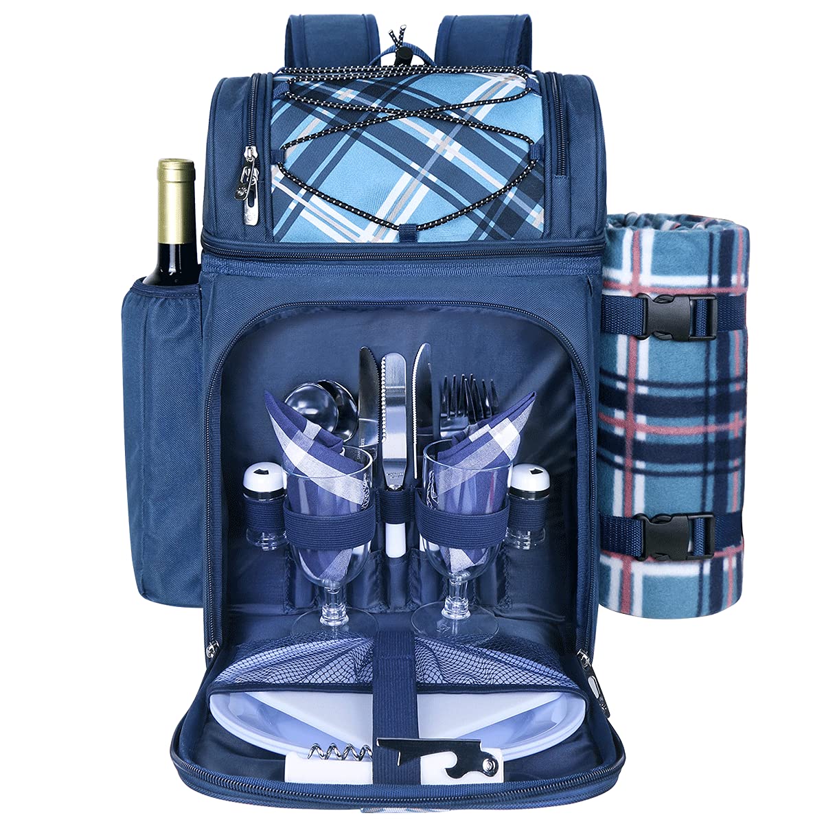 Hap Tim picnic basket backpack for 2 people with insulated leakproof cooler compartment, wine holder, fleece blanket, cutlery set, perfect for beach camping party (EU-36083-BL)