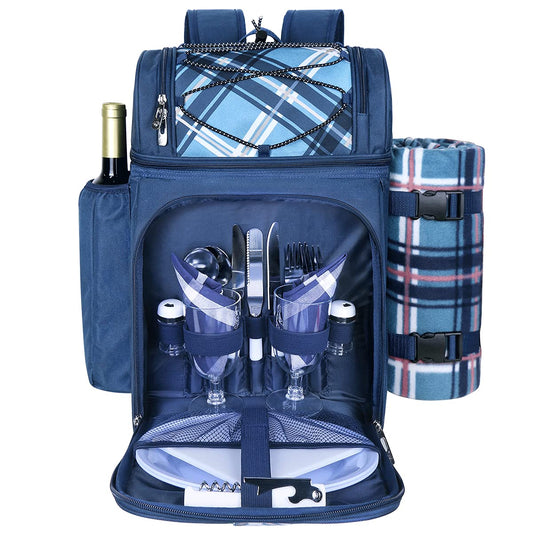 Hap Tim picnic basket backpack for 2 people with insulated leakproof cooler compartment, wine holder, fleece blanket, cutlery set, perfect for beach camping party (EU-36083-BL)