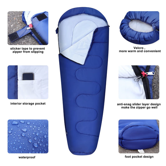Outdoor sleeping bag for camping 3 seasons - Adult summer sleeping bag 2 in 1 function Mummy bags Warm Lightweight Water-resistant for backpacking hiking and traveling