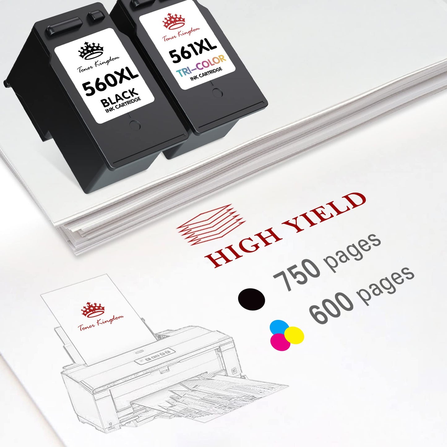 Toner Kingdom Ink Cartridges PG-560XL CL-561XL Printer Cartridges Multipack Compatible for Canon 560 561 Cartridges for Canon TS5350 Ink TS5351 TS7450 TS7451 TS5352 TS5353 Tray (1Black, 1Tri-Color)