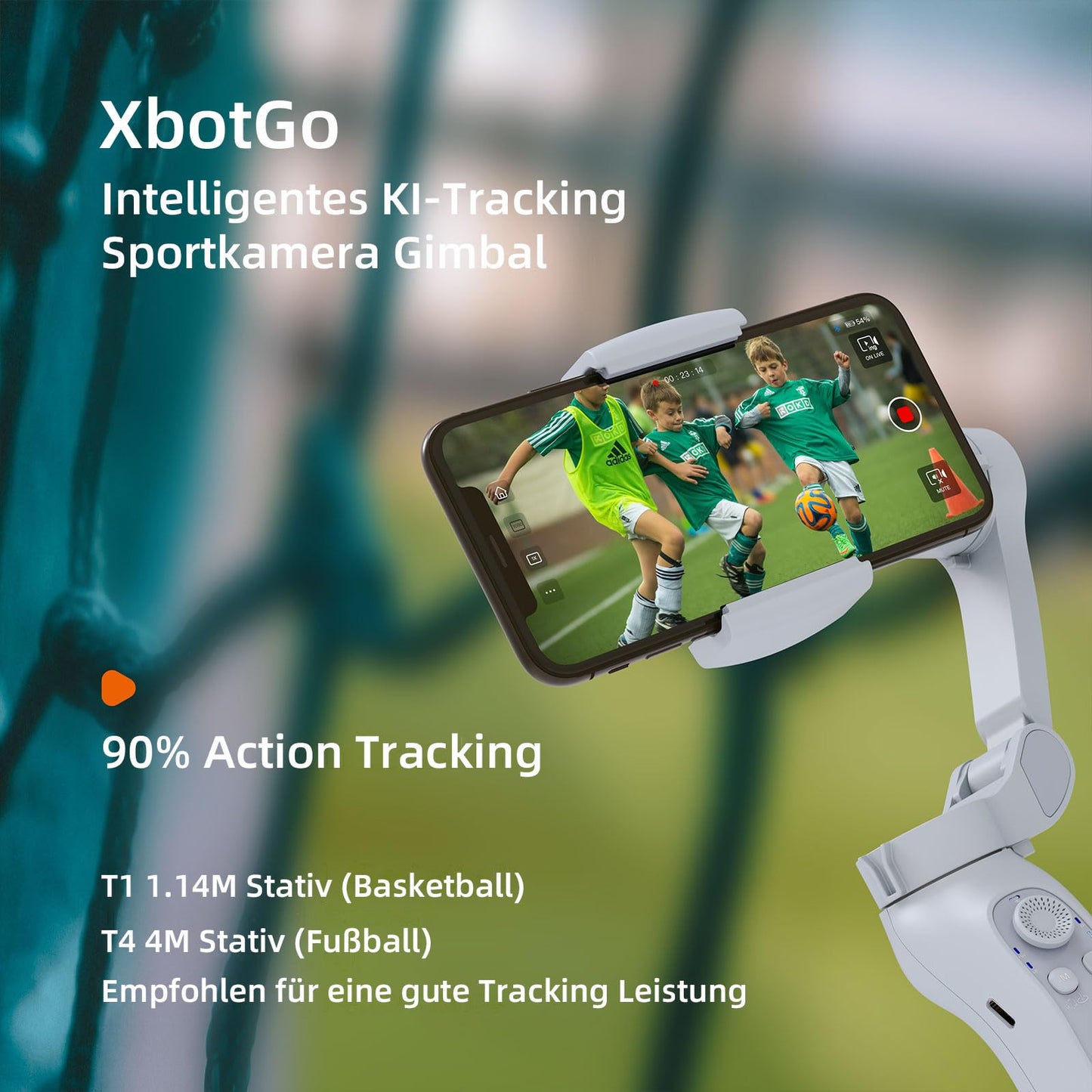 XbotGo sports camera for basketball and soccer games, AI automatic recording, 3-axis phone gimbal, portable and foldable, vlogging stabilizer for Android and iPhone gimbal.