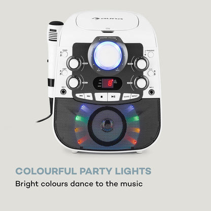auna StarMaker 2.0 Karaoke System, karaoke machine with Bluetooth function, CD player, for CD, CD+G, CD-RW, includes microphone, 2 microphone inputs, LED show, A/V output, white.
