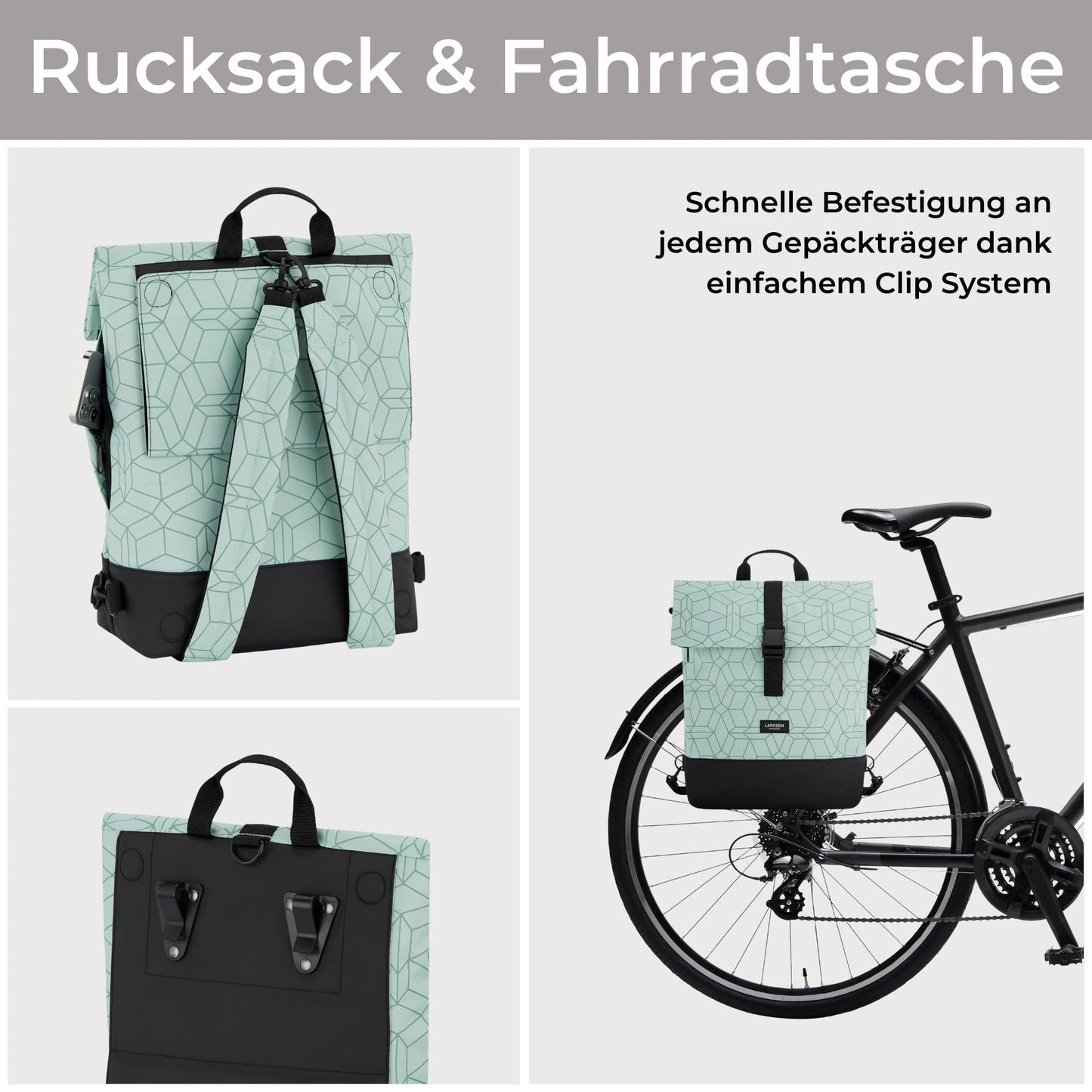 LARKSON Bike Bags for Rack Women & Men Mint - Tammo Bike - 2 in 1 Bicycle Bag Backpack & Rear Rack Bag - Water Resistant