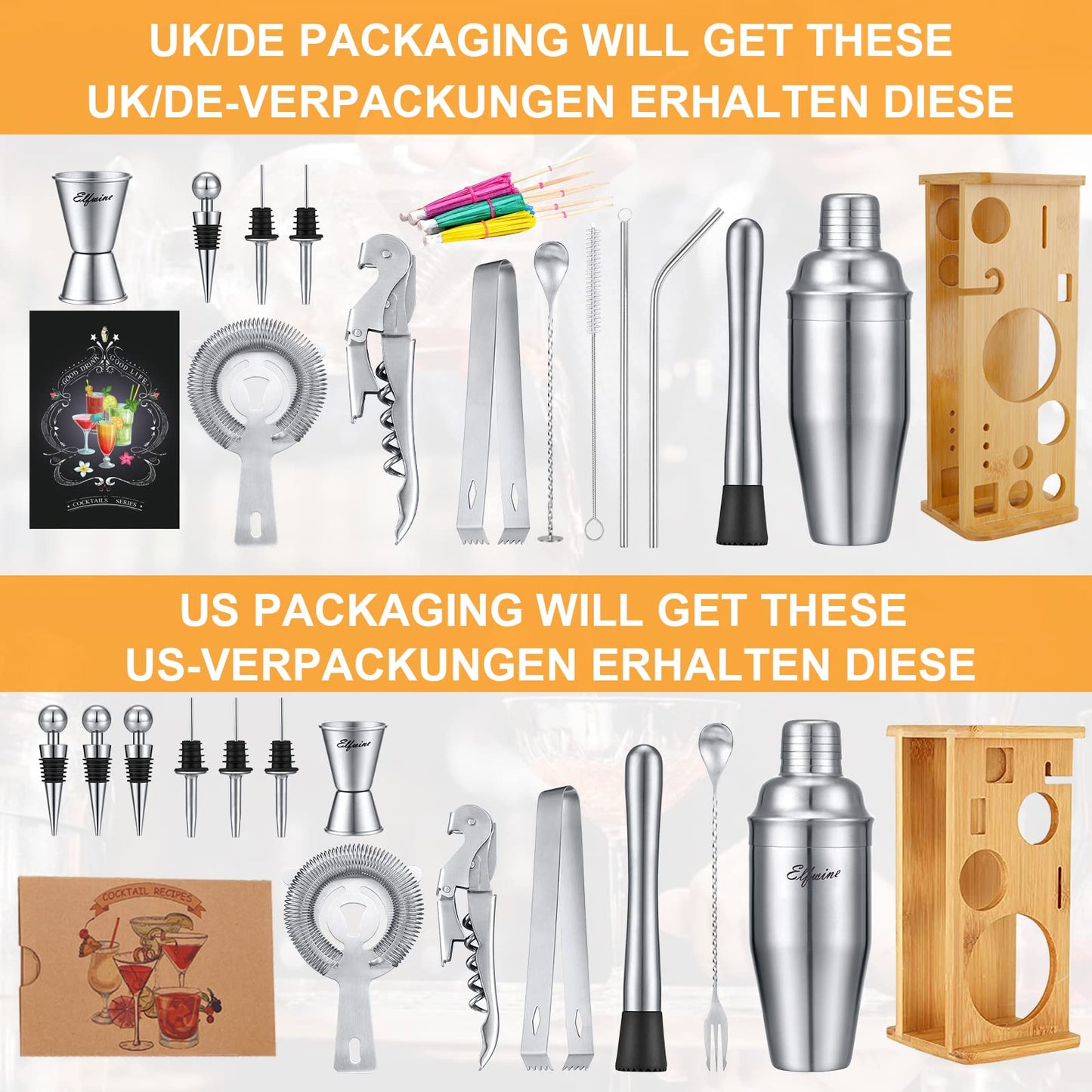 Cocktail set gifts for men Christmas - 16 piece cocktail shaker set, bartender set 750ml shaker cocktail mixing set with bamboo stand recipes, stainless steel home bar set cocktail advent calendar.