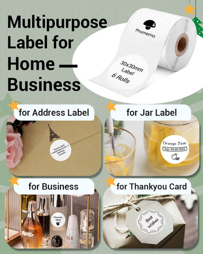 Phomemo 3 rolls multifunctional round label, 50 x 50 mm (1.96" x 1.96"), 140 labels per roll, total of 3 rolls, compatible with Phomemo M110 M200 M120 M220 M221 label printers.
