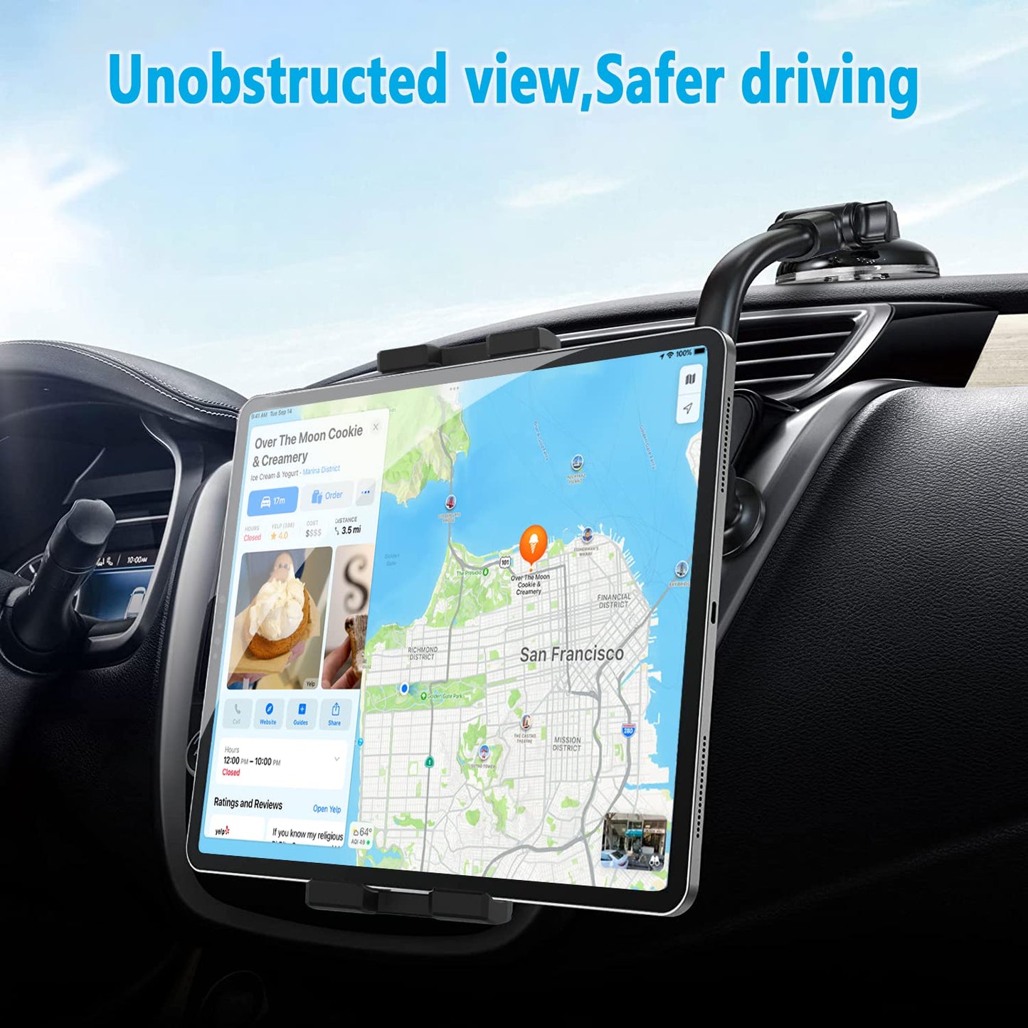 Oilcan swan neck tablet car holder, dashboard windshield truck iPad mount. Flexible long arm (34cm) suction cup car holder for iPad Pro Air Mini, Galaxy, phones (4-12.9").