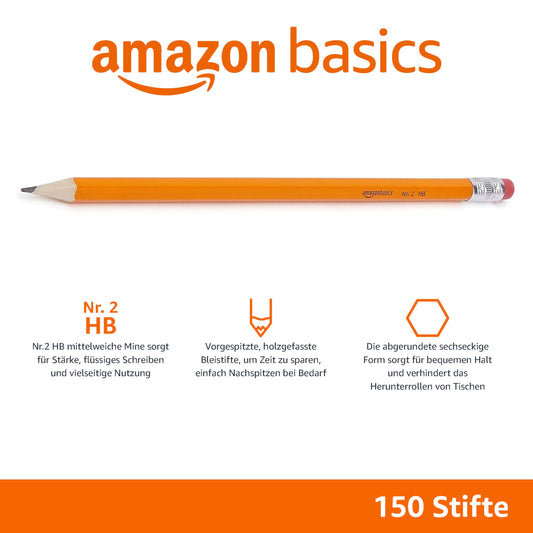 Amazon Basics Wood-Cased Pencils, HB, Pre-sharpened, 150-Pack, Yellow