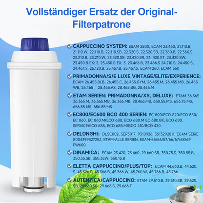 Molifal water filter, replacement for Delonghi coffee machines DLSC002 filter, compatible with Delonghi Dinamica, Magnifica S, Eletta Explorer, ETAM Autentica EPAM and ECAM series (4x)