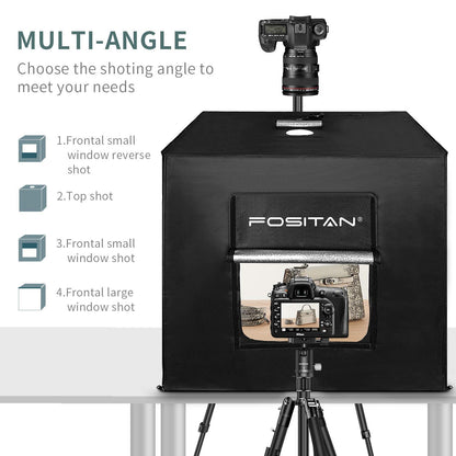 FOSITAN 80x80x80cm photo studio dimmable 126pcs LED lighting photo box 5500±200K (CRI≥95) light tent with 3 backgrounds (white, black, orange) for professional photography.