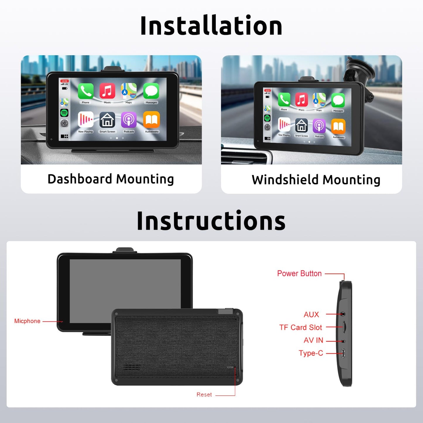 Wireless CarPlay Android Auto Mirror Link, 7-inch Touchscreen Monitor CarPlay screen Digital Media Receiver Car Radio Receiver Wireless Car Stereo with Bluetooth Car Multimedia Player 9V-32V