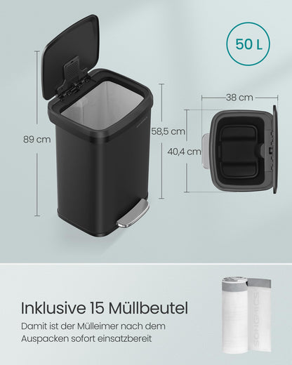 SONGMICS Kitchen Trash Can, 50 Liter Waste Bin, Metal Step Trash Can with Lid, Tall, Slim, and Spacious, Black LTB530B5002