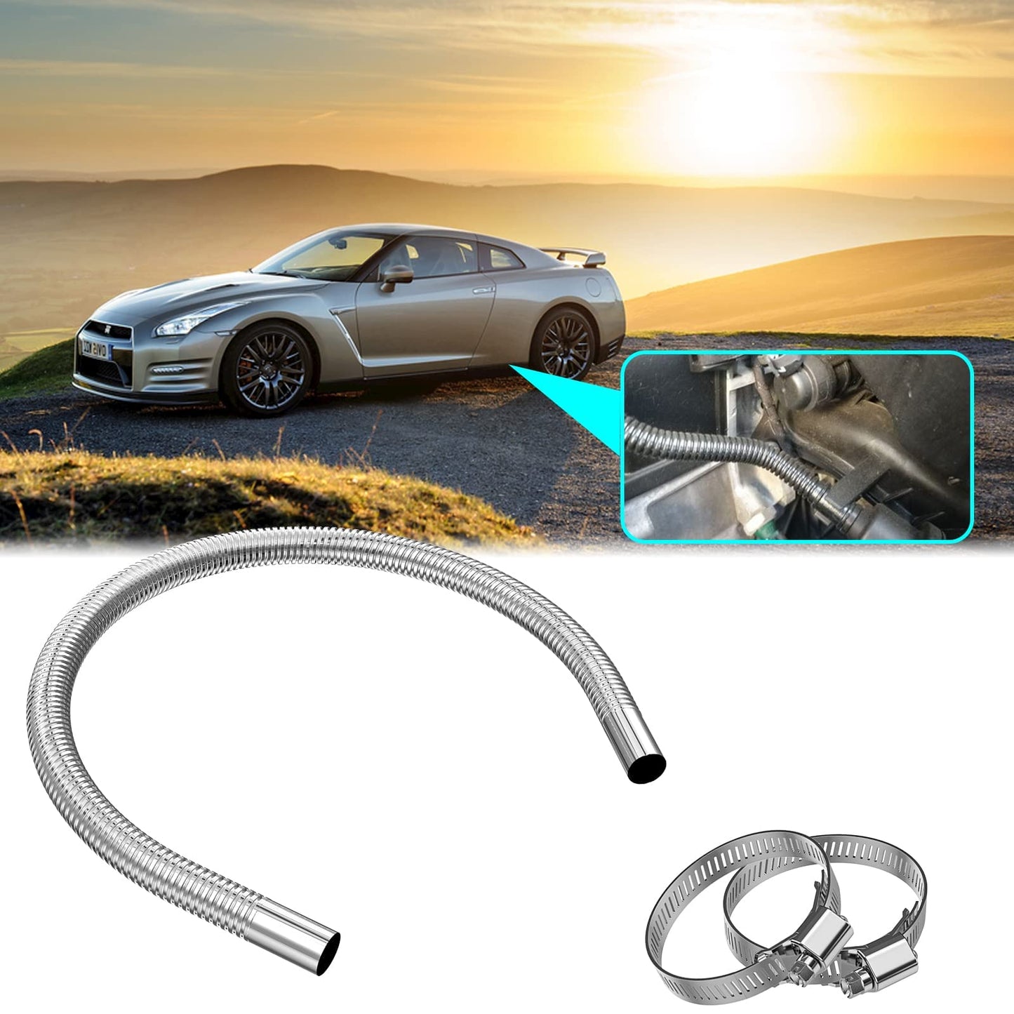 Exhaust hose for power generators, Cakapapo 300CM car stainless steel exhaust pipe, with two stainless steel clamps for diesel heaters