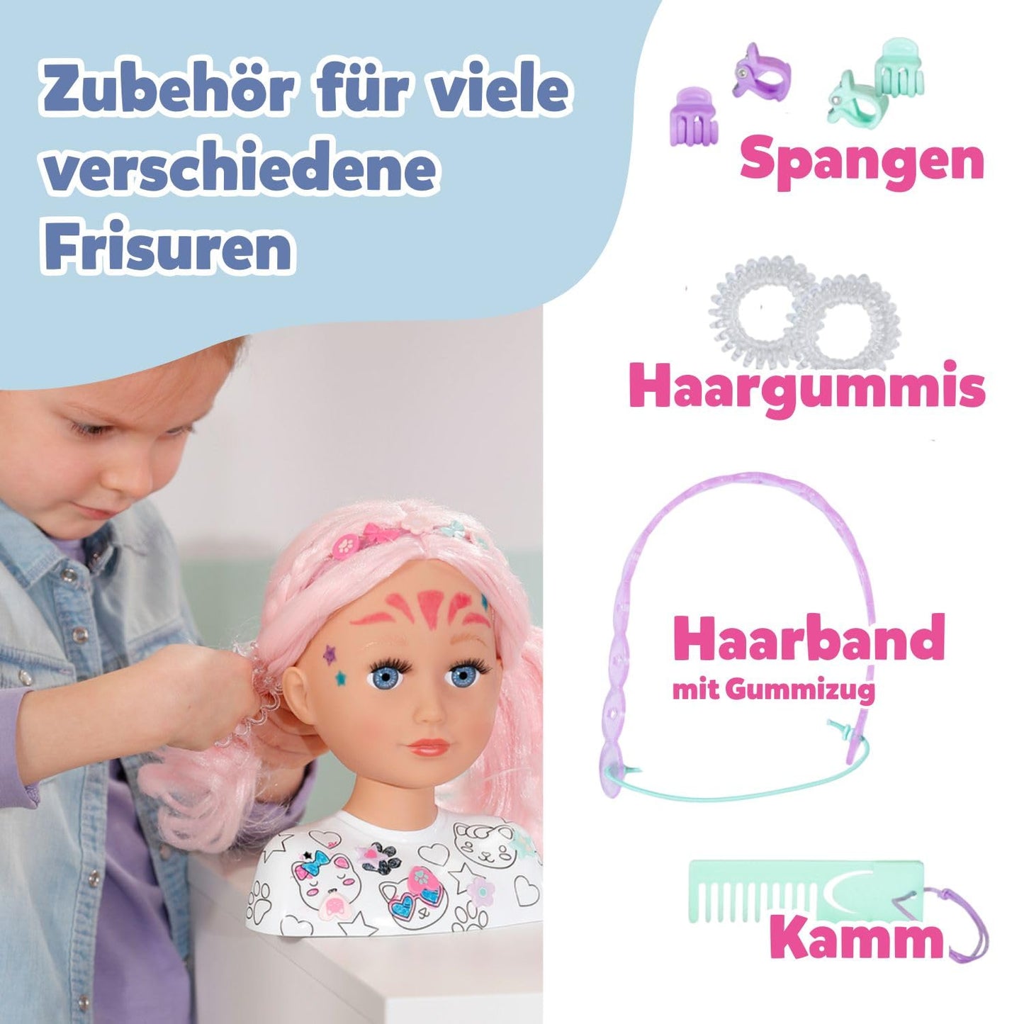 BABY born Styling Head Creative, styling head for painting with high-quality pink hair and over 20 accessories, 836033 Zapf Creation.