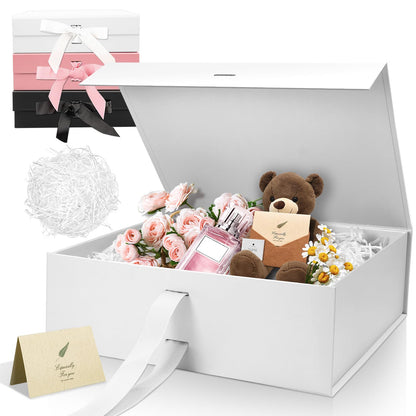 Sekepingo White Luxury Large Magnetic Gift Box, 32.5*23*10.5cm Gift Box with Ribbon, Paper & Greeting Card Party Favor Box for Wedding, Birthday & Mother's Day.