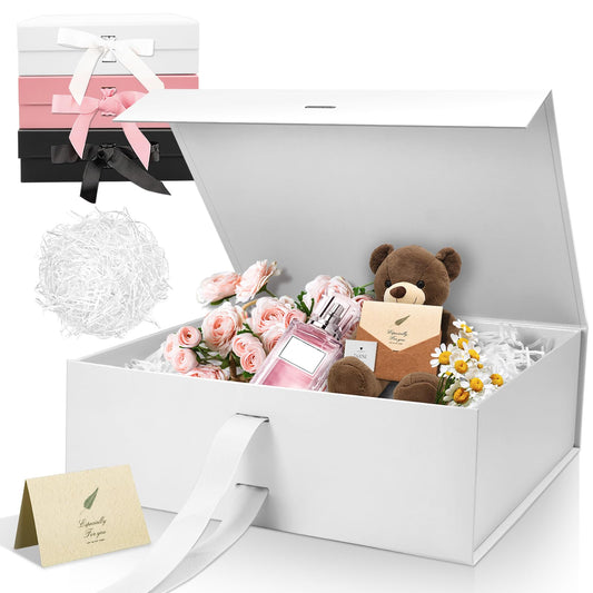 Sekepingo White Luxury Large Magnetic Gift Box, 32.5*23*10.5cm Gift Box with Ribbon, Paper & Greeting Card Party Favor Box for Wedding, Birthday & Mother's Day.